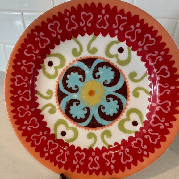 Anthropologie Red Spanish Medallion Mandala Boho Salad Dessert Plates 8" - Picture 1 of 2